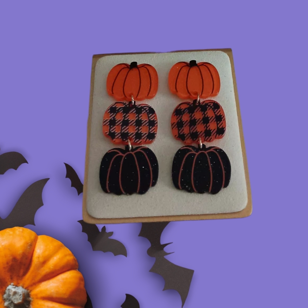 Fall Plaid Pumpkin Earrings - Picture 2 of 4